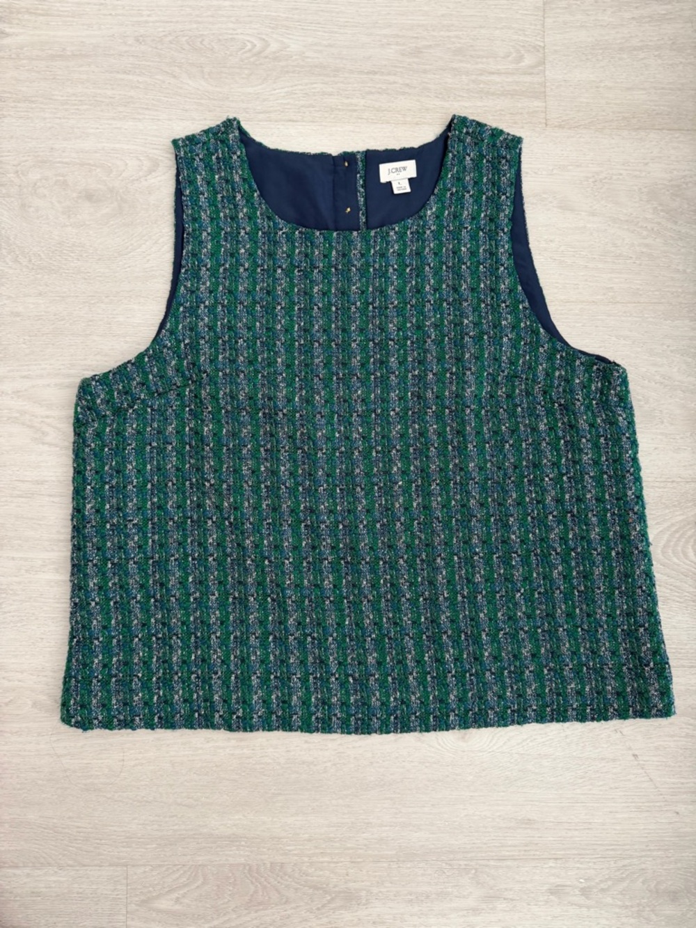 J. Crew Green Tweed Sleeveless Shell Top with Navy Lining